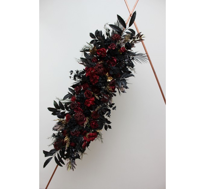 Flower Arch Arrangement in Burgundy, Black, Gold & Beige | Faux Floral Archway for Halloween Wedding