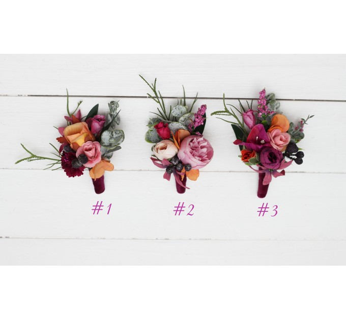 Wedding Boutonnieres & Wrist Corsage in Jewel-Tone Color Scheme | Faux Flower Accessories