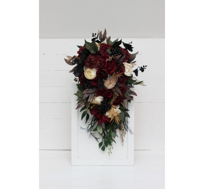 Burgundy, Black, Gold, and Ivory Wedding Bouquets – Bridal and Cascading Faux Bouquets