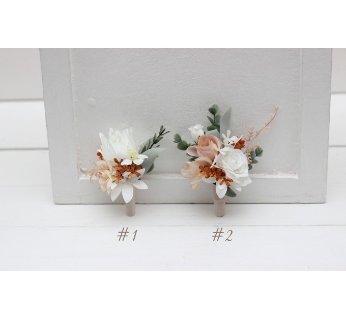 Wedding Boutonnieres & Wrist Corsage in Beige, White & Rust | Faux Flower Accessories