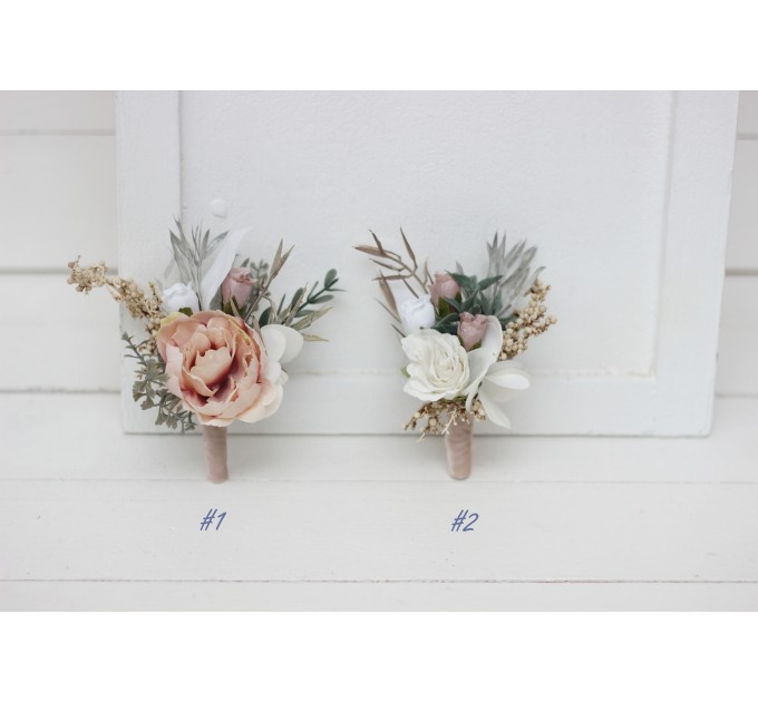 Wedding Boutonnieres & Wrist Corsage in White, Beige & Gray | Faux Flower Accessories