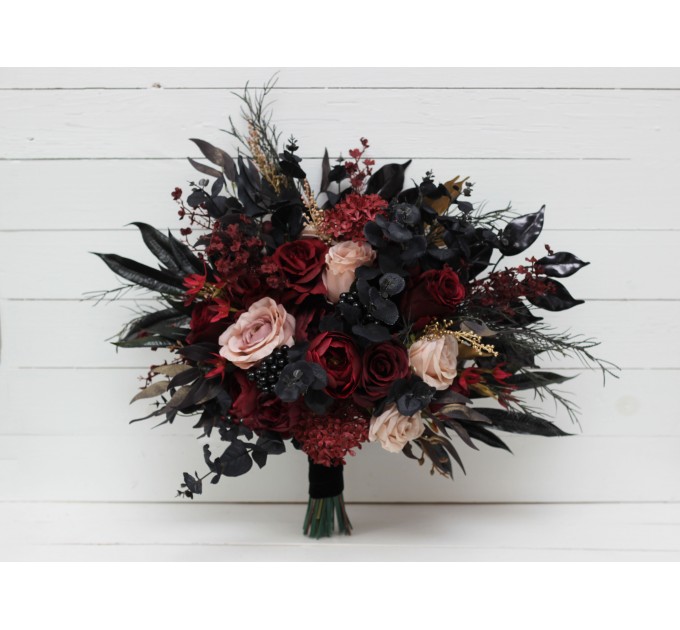 Halloween Wedding Bouquets in Burgundy, Black, Gold, and Beige – Cascade Faux Bouquets