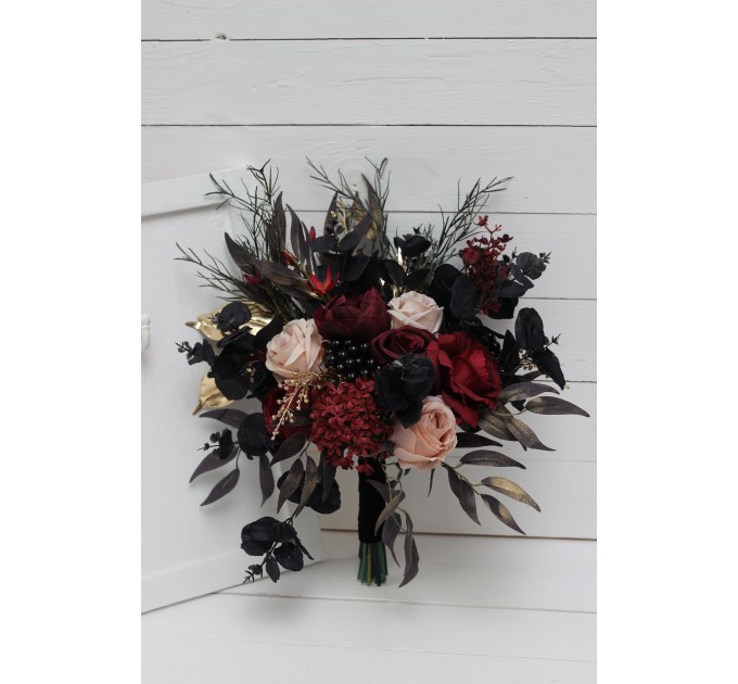 Halloween Wedding Bouquets in Burgundy, Black, Gold, and Beige – Cascade Faux Bouquets