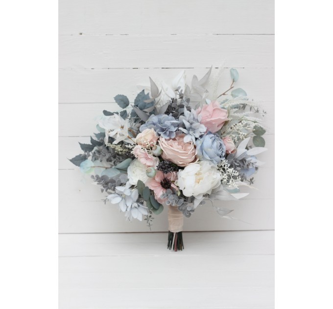 Dusty Blue, Blush Pink & White Wedding Bouquets | Faux Bridal & Bridesmaid Bouquets