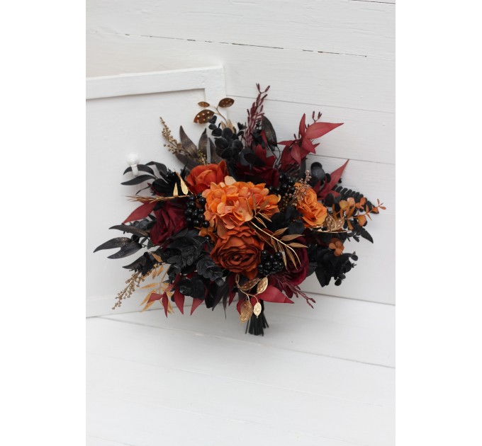 Burgundy, Black, Rust, and Gold Wedding Bouquets – Elegant Faux Bridal Bouquets
