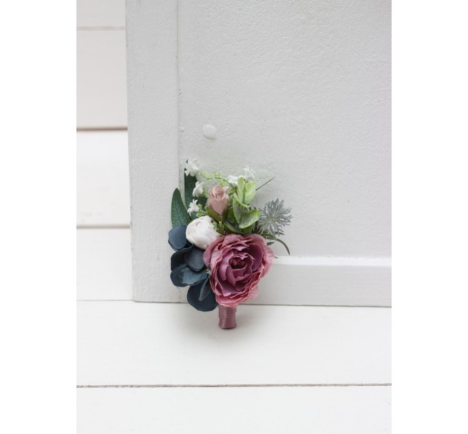Wedding Boutonnieres & Wrist Corsage in Dusty Rose, Mauve & Navy Blue | Faux Flower Accessories