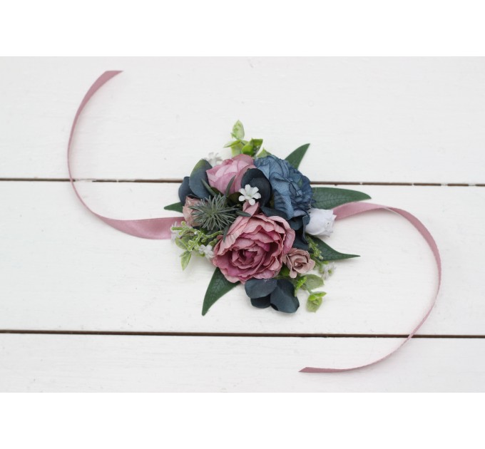 Wedding Boutonnieres & Wrist Corsage in Dusty Rose, Mauve & Navy Blue | Faux Flower Accessories