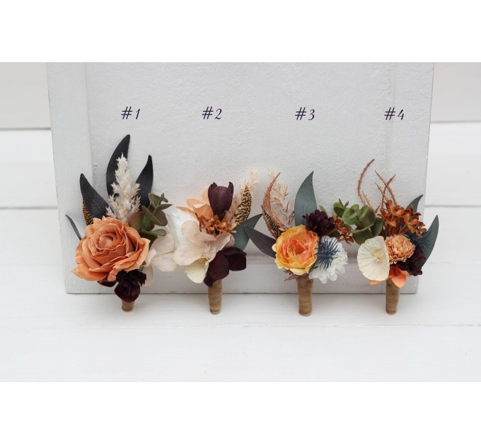 Wedding Boutonnieres & Wrist Corsage in Deep Purple, Terracotta & Beige | Faux Flower Accessories