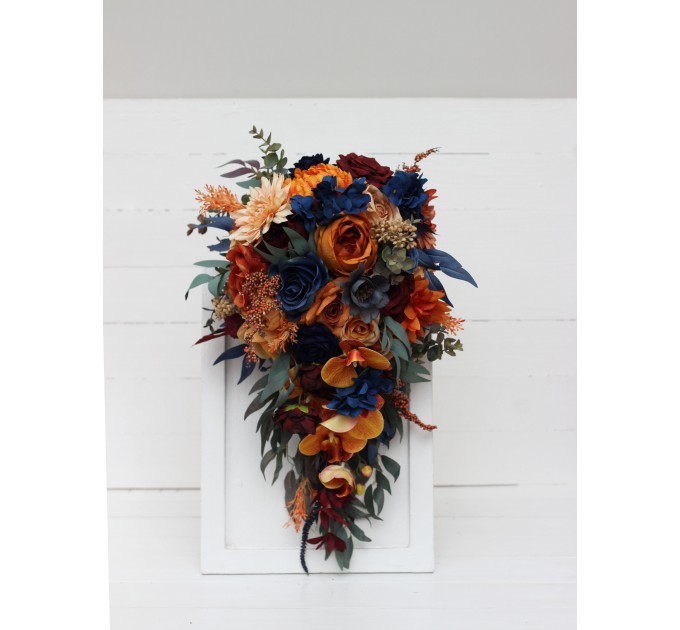 Wedding Bouquets in Rust, Orange, Burgundy & Navy Blue | Cascading Bridal & Bridesmaid Faux Bouquets