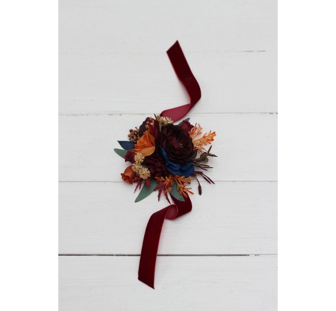 Wedding Boutonnieres & Wrist Corsage in Rust, Orange, Burgundy & Navy Blue | Faux Flower Accessories