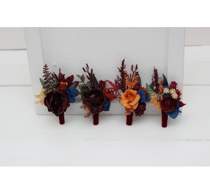Wedding Boutonnieres & Wrist Corsage in Rust, Orange, Burgundy & Navy Blue | Faux Flower Accessories