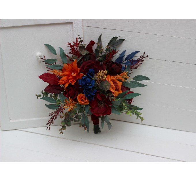Wedding Bouquets in Rust, Orange, Burgundy & Navy Blue | Cascading Bridal & Bridesmaid Faux Bouquets