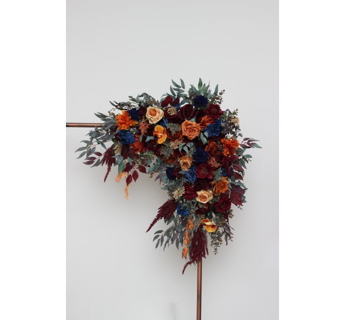 Flower Arch Arrangement in Rust, Orange, Burgundy & Navy Blue | Faux Floral Archway for Wedding
