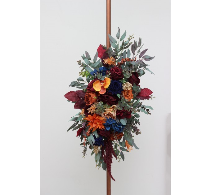 Flower Arch Arrangement in Rust, Orange, Burgundy & Navy Blue | Faux Floral Archway for Wedding