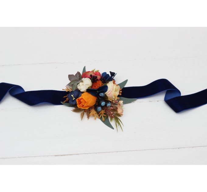 Wedding Boutonnieres & Wrist Corsage in Navy Blue, Ivory & Burnt Orange | Faux Flower Accessories