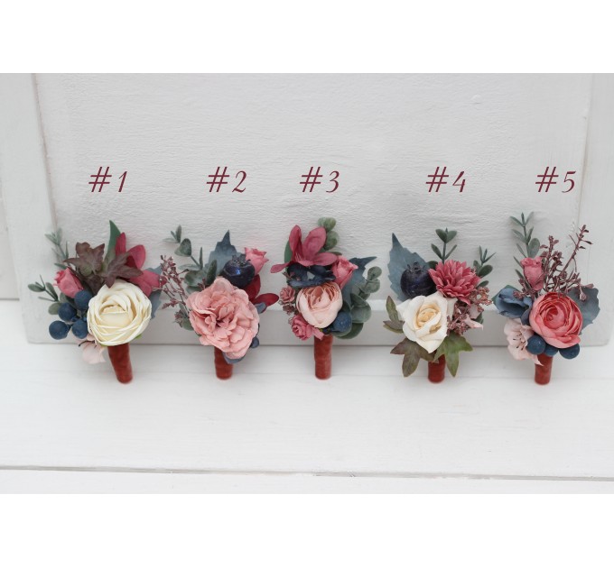Wedding Boutonnieres & Wrist Corsage in Navy Blue, Dusty Rose & Mauve | Faux Flower Accessories