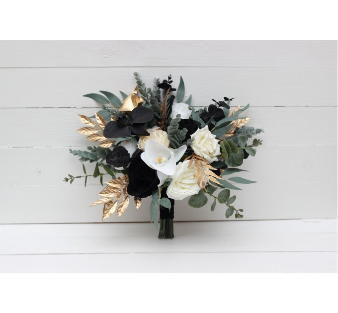 Black, Gold, and White Wedding Bouquets – Bridal and Cascading Faux Designs