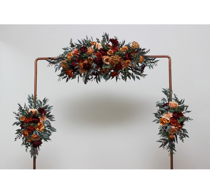 Flower Arch Arrangement in Rust, Burgundy & Cinnamon | Faux Floral Archway for Wedding