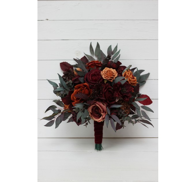 Wedding Bouquets in Rust, Burgundy & Cinnamon | Cascading Bridal & Bridesmaid Faux Bouquets