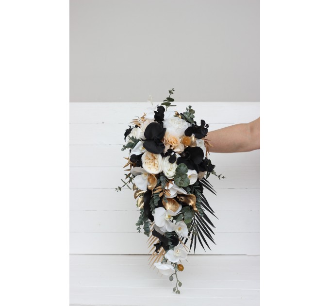 Black, Gold, and White Wedding Bouquets – Bridal and Cascading Faux Designs