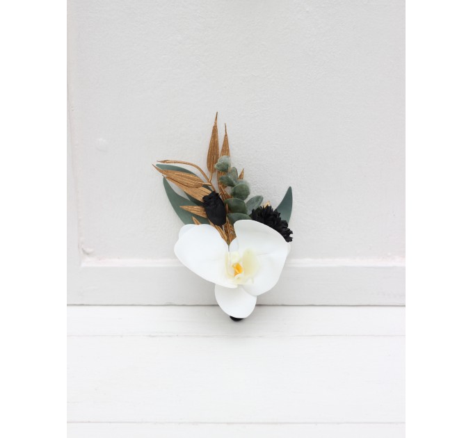 Wedding Boutonnieres & Wrist Corsage in Black, Gold & White | Faux Flower Accessories
