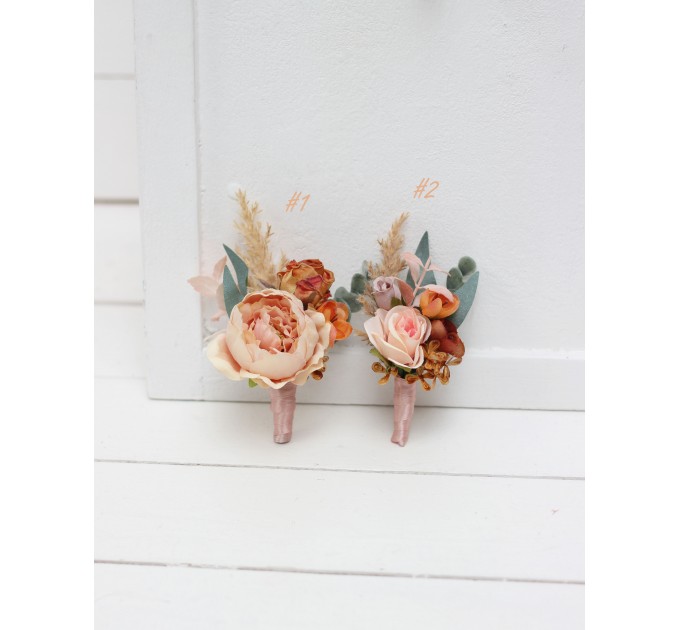 Wedding Boutonnieres & Wrist Corsage in Orange & Blush Pink | Faux Flower Accessories