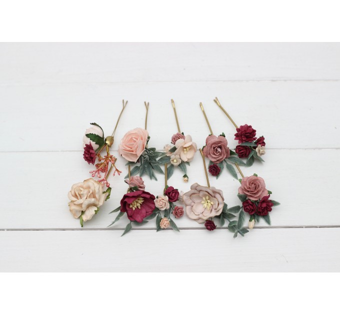 Set of hair pins in blush pink burgundy color scheme. Hair accessories. Flower accessories for wedding. 5028-anna