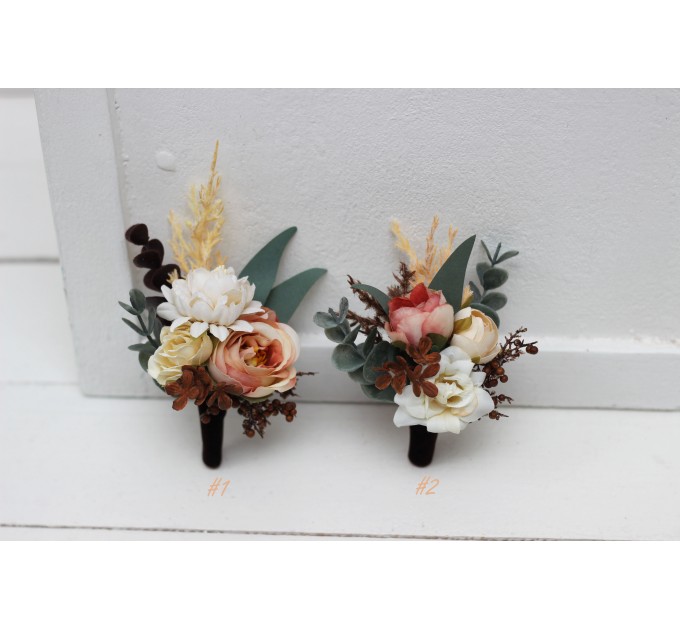 Wedding Boutonnieres & Wrist Corsage in Orange, Rust, Cinnamon & Peach | Faux Flower Accessories