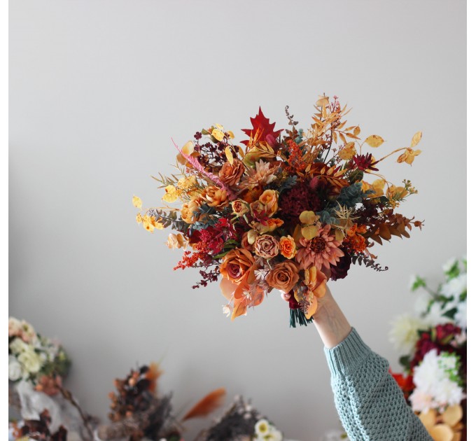 Wedding Bouquets in Rust, Burgundy & Orange | Faux Bridal & Bridesmaid Bouquets
