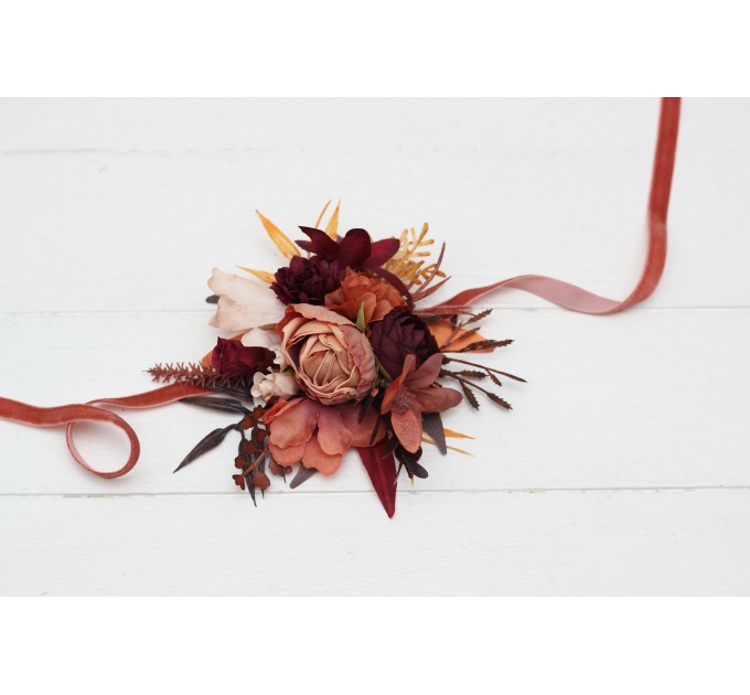 Wedding Boutonnieres & Wrist Corsage in Burgundy & Terracotta | Faux Flower Accessories