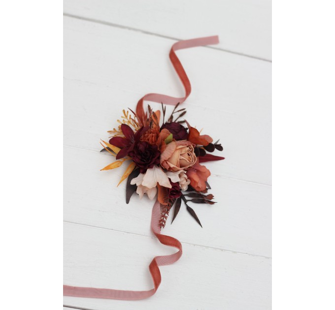 Wedding Boutonnieres & Wrist Corsage in Burgundy & Terracotta | Faux Flower Accessories