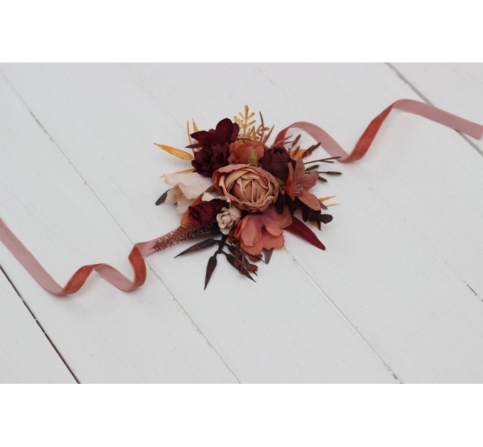 Wedding Boutonnieres & Wrist Corsage in Burgundy & Terracotta | Faux Flower Accessories