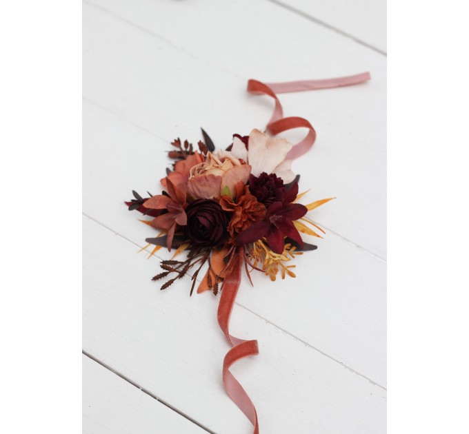 Wedding Boutonnieres & Wrist Corsage in Burgundy & Terracotta | Faux Flower Accessories