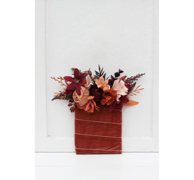 Wedding Boutonnieres & Wrist Corsage in Burgundy & Terracotta | Faux Flower Accessories