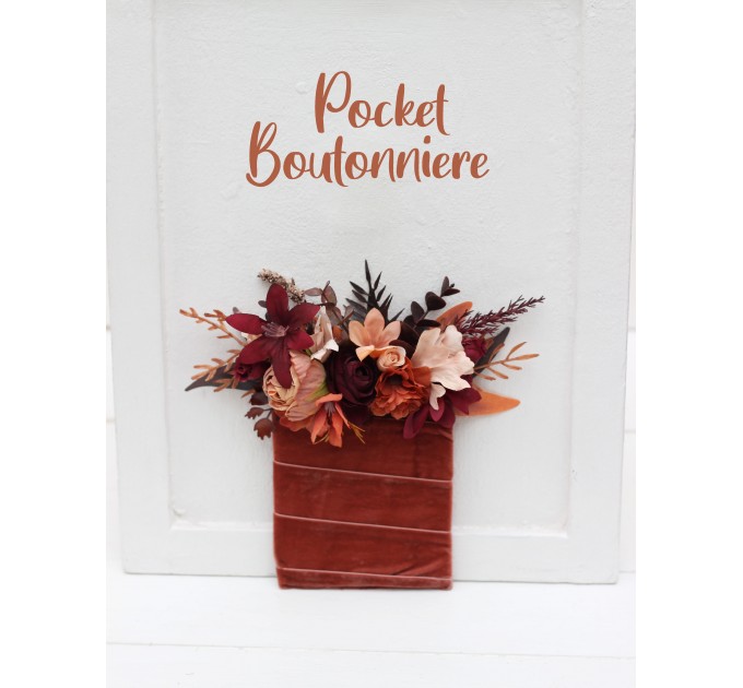 Wedding Boutonnieres & Wrist Corsage in Burgundy & Terracotta | Faux Flower Accessories