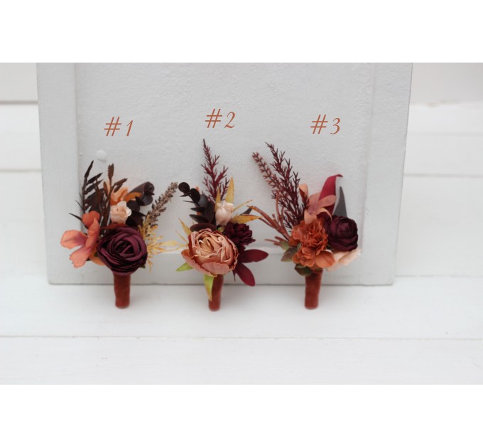  Wedding boutonnieres and wrist corsage  in burgundy terracotta color scheme. Flower accessories. 5121