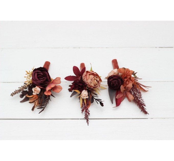 Wedding Boutonnieres & Wrist Corsage in Burgundy & Terracotta | Faux Flower Accessories