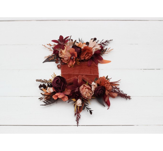 Wedding Boutonnieres & Wrist Corsage in Burgundy & Terracotta | Faux Flower Accessories