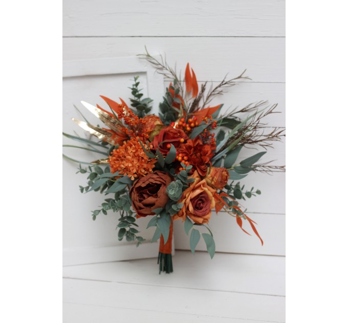 Wedding Bouquets in Rust, Terracotta & Burnt Orange | Cascading Bridal & Bridesmaid Faux Bouquets