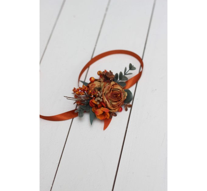 Wedding Boutonnieres & Wrist Corsage in Rust, Terracotta & Burnt Orange | Faux Flower Accessories