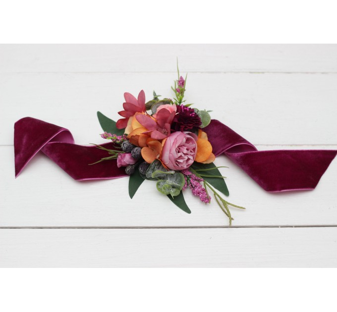 Wedding Boutonnieres & Wrist Corsage in Jewel-Tone Color Scheme | Faux Flower Accessories
