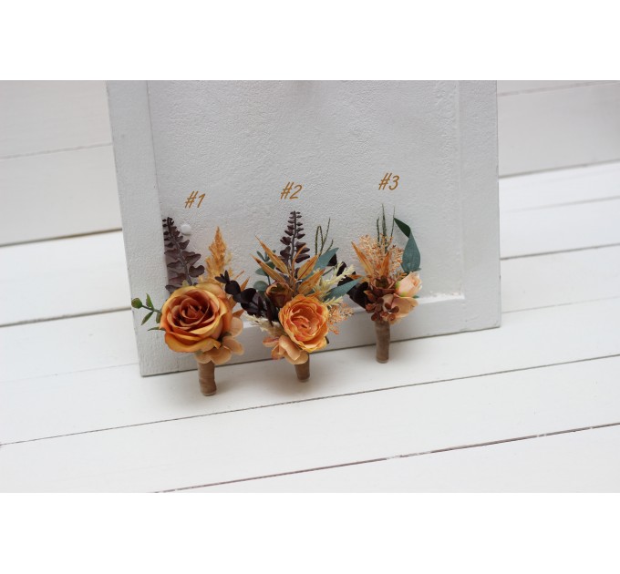 Wedding Boutonnieres & Wrist Corsage in Rust, Brown & Ivory | Faux Flower Accessories