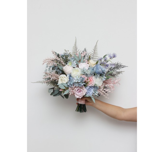 Wedding Bouquets in Dusty Blue, Blush Pink & White | Faux Bridal & Bridesmaid Bouquets