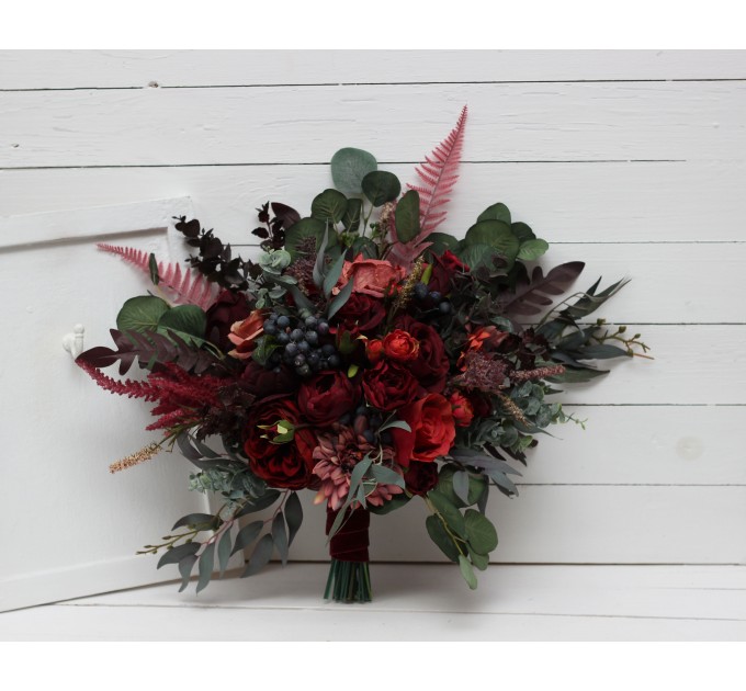 Wedding Bouquets in Deep Burgundy, Red & Blue | Faux Bridal & Bridesmaid Bouquets