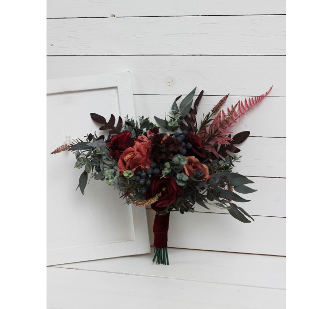 Wedding Bouquets in Deep Burgundy, Red & Blue | Faux Bridal & Bridesmaid Bouquets