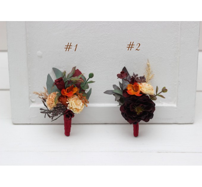  Wedding boutonnieres and wrist corsage  in rust burgundy cinnamon color theme. Flower accessories. 0044