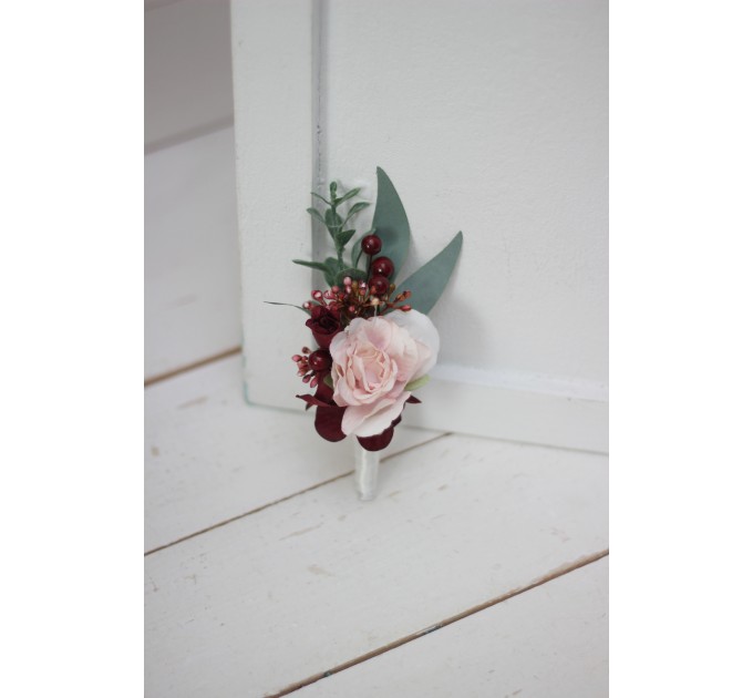 Wedding Boutonnieres & Wrist Corsage in Burgundy, Pink, White & Ivory | Faux Flower Accessories