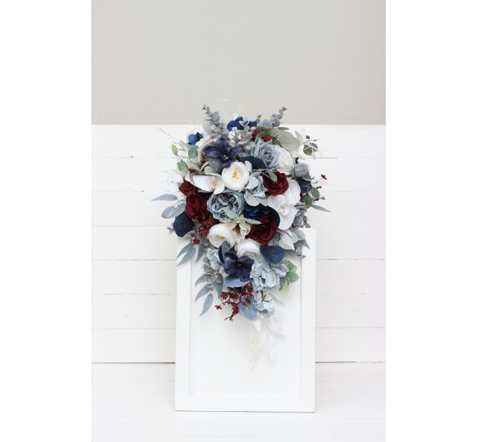 Wedding Bouquets in Dusty Blue, Navy Blue, Burgundy & White | Cascading Bridal & Bridesmaid Faux Bouquets