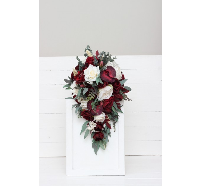 Burgundy and Ivory Wedding Bouquets – Bridal & Bridesmaid Faux Cascading Bouquets