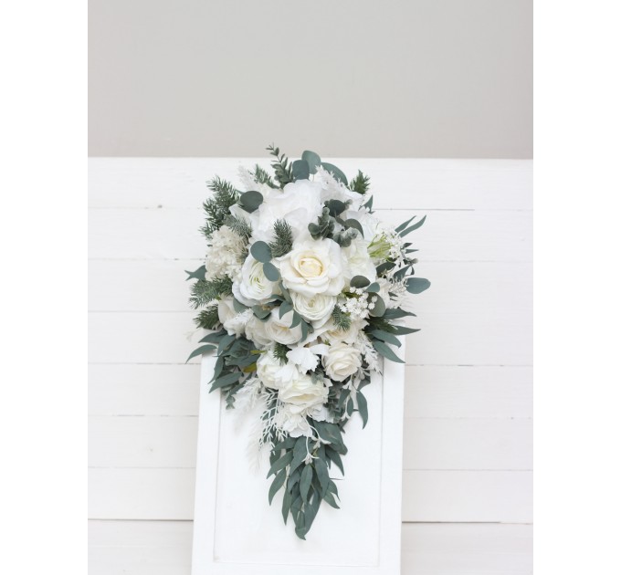 Wedding Bouquets in White | Cascading Bridal & Bridesmaid Faux Bouquets with Roses & Peonies